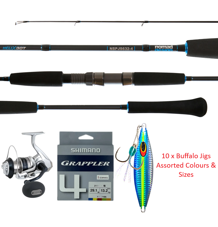Shimano Combo Saragosa 5000xg & Nomad Nspjs632-4 + 39.3lb Grappler Braid + 10 X Nomad Buffalo Jigs (40-120gm) ><