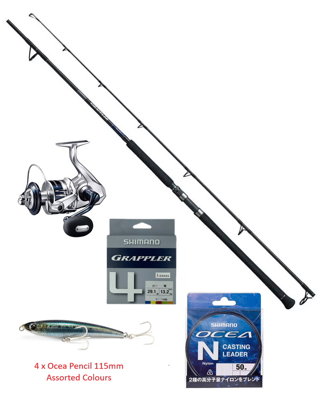 Shimano Combo Saragosa 6000hg & Grappler S73ml + 39.3lb Grappler Braid + Ocea Leader + 4 X Ocea Pencil 115mm ><