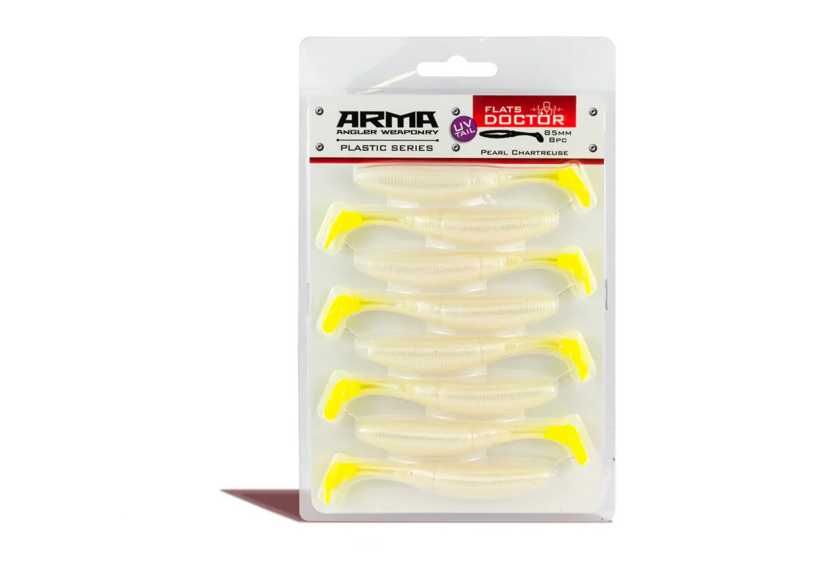 Arma Flats Doctor 85mm Soft Plastic Lure [cl:pearl Chartreuse Uv Tail]