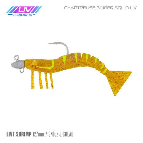 Samaki Live Shrimp 127mm 3/8oz Jighead Pre-rigged Soft Plastic Lure [cl:chartreuse Ginger Squid]